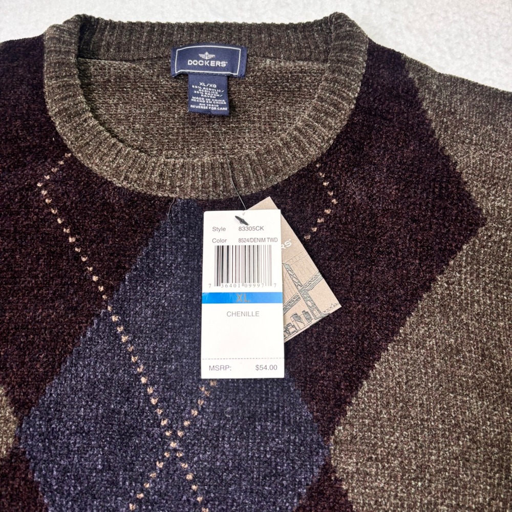 Dockers Chenille Argyle Crewneck Sweater XL NWT Brown Blue Textured - Picture 4 of 7